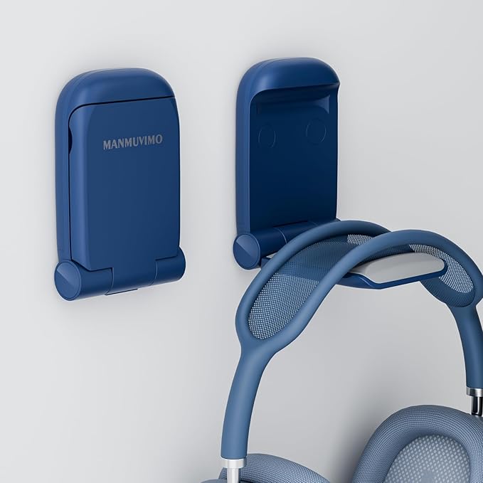 MAMUVIMO Headphone Stand, Headset Stand Foldable ＆ Sticky, Headphone Holder Hook Mount with Non-Slip Silicone, Adhesive Earphone Desk Hanger Clip Space-Saving for Airpods Max, All Earphones- Blue