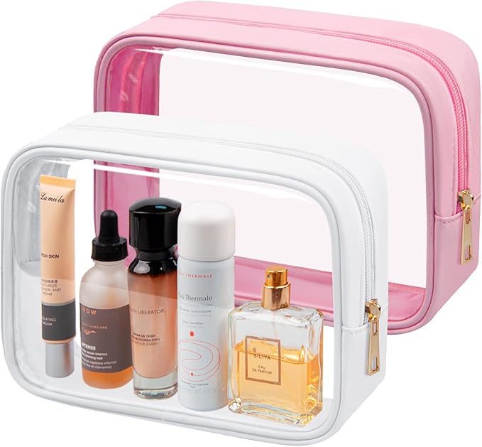 TSA Toiletry Bag Clear Makeup Bag Travel Essentials Cosmetic Bag for Men and Women(White+Pink)