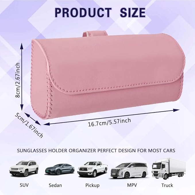 Sunglasses Holder for Car Sun Visor, Sunglass Organizer for Car, Magnetic Leather Eyeglasses Protective Storage Case, Waterproof Glasses Organizer Visor Accessories for Vehicles (Pink)