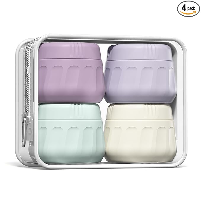 Mrsdry Travel Containers for Toiletries, TSA Approved Travel Size Toiletries 4 Pack, Refillable Containers, With Clear Bag, Leak Proof Silicone Jars, Essentials Creams Jars Carrying Small Items
