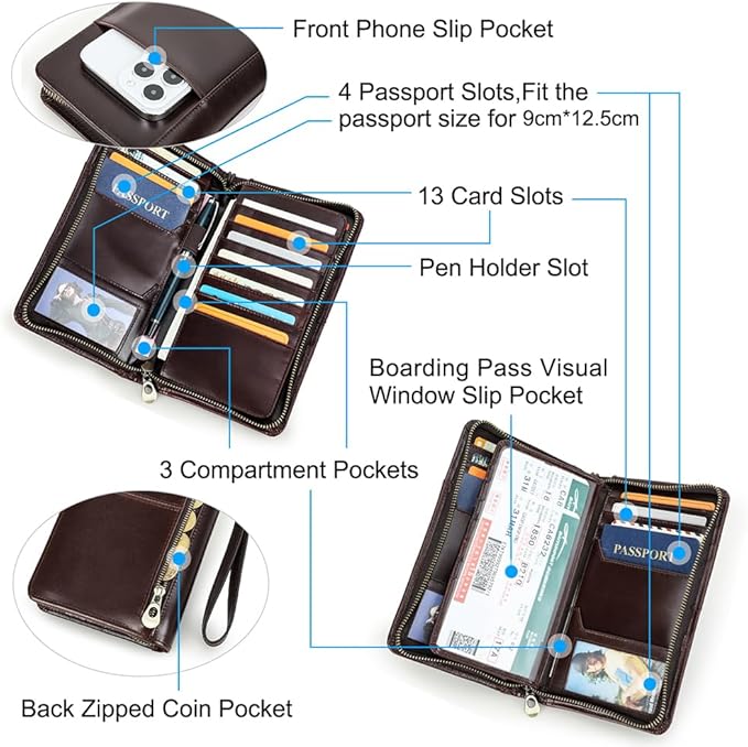 CONTACTS Travel Passport Wallet for 4 Leather Family Passport Holder Clutch Wallet Zipper Wrist Card Purse RFID Blocking with 13 Card Slot Fit up 4 Passports