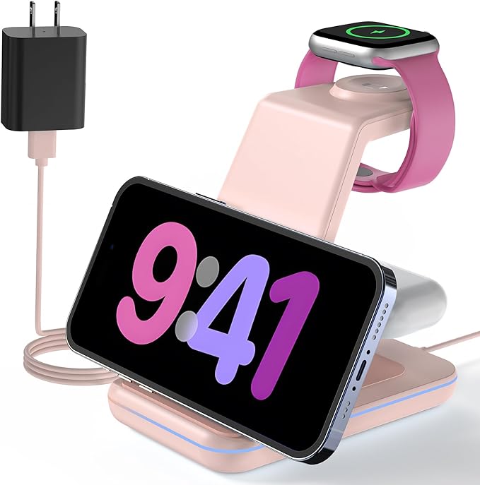 Charging Station for Apple Wireless Charger: 3 in 1 Phone Charger Stand for iPhone 17 16 15 14 13 12 11 SE X Pro Max Plus - Apple Watch Ultra 11 10 9 8 SE 7 6 5 4 3 - Air-Pods 2 3 Pro