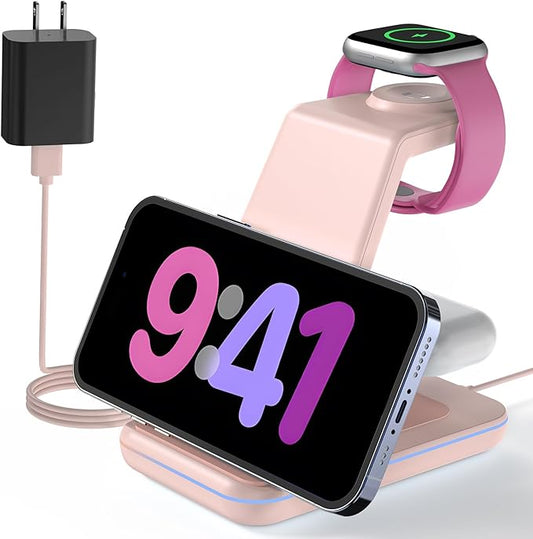 Charging Station for Apple Wireless Charger: 3 in 1 Phone Charger Stand for iPhone 17 16 15 14 13 12 11 SE X Pro Max Plus - Apple Watch Ultra 11 10 9 8 SE 7 6 5 4 3 - Air-Pods 2 3 Pro