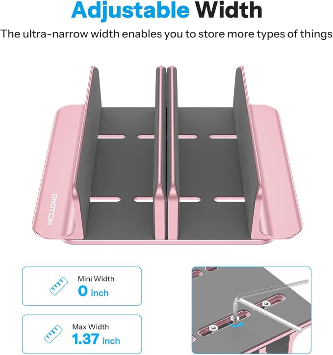 OMOTON Vertical Laptop Stand [Updated 3-Solts Version], Desktop Aluminum Mac Book Stand with Adjustable Dock Size, Fits All Mac Book, Surface, Chrome Book and Gaming Laptops (Up to 17.3 in),Rosegold