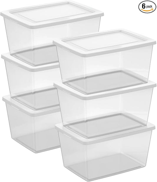 Sterilite 6 Pack Storage Boxes, Clear Plastic Stackable Containers, Lightweight Home Organizers with Snap Lids, 58 Quart, White