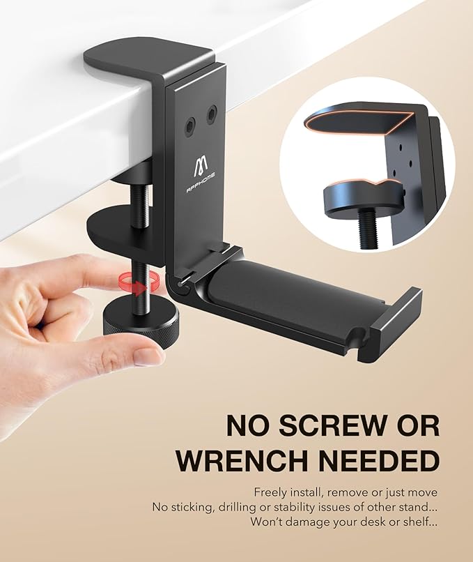 Foldable Headphone Stand Under Desk, Metal Headset Holder Hook for Desk with Cable Organizer, Space-Saving Desk Bag Hook & Backpack Hanger for Gaming Office, Universal Fit, Black