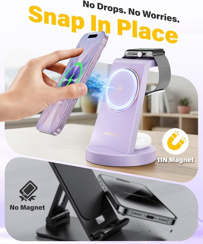 3 in 1 Fast Charging Station for iPhone, 25W Wireless Magnetic Phone Charger for iPhone 17 16e 16 15 14 13 12 Serise, Watch Charger Stand, Wireless Charging Station for AirPods 4 3 Pro, Purple