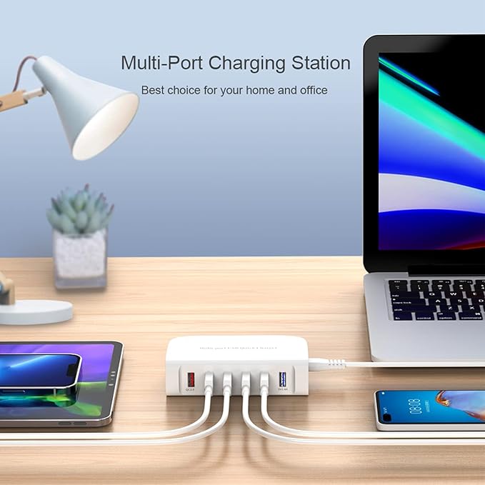 USB Fast Charger, 6-Port Portable Charging Station, Suitable for Various Devices, Compatible with iPhone, iPad, Samsung, Google, Xiaomi, Huawei and Other USB Charging Devices