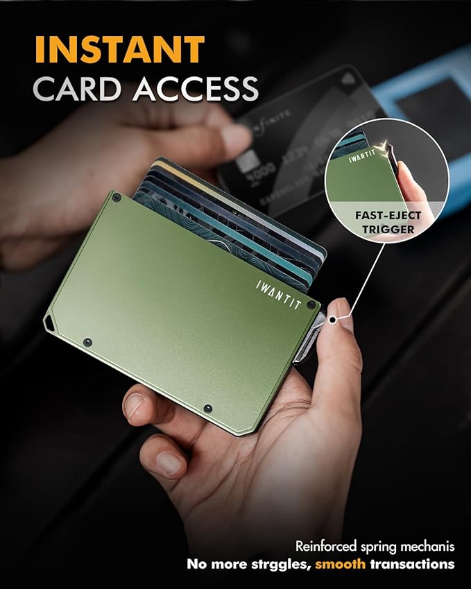 iwantit Pop Up Wallet for Men, Slim Minimalist Credit Card Holder with Money Clip - Man Metal Aluminum Wallet RFID Blocking, Smart Tactical Wallet for Men, Gift for Men (Green)
