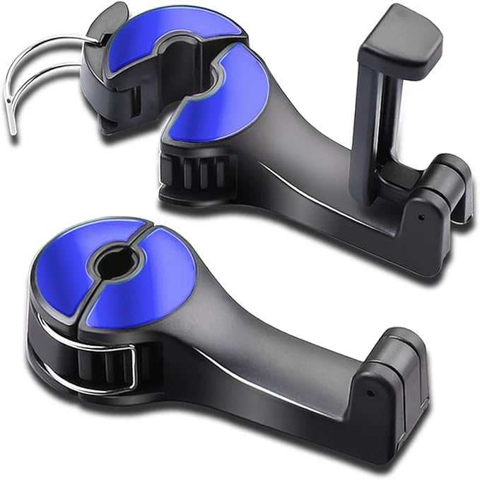 Car Headrest Hook with Phone Holder, Universal 360 Rotation Headrest Hooks for Purses and Bags (Blue)
