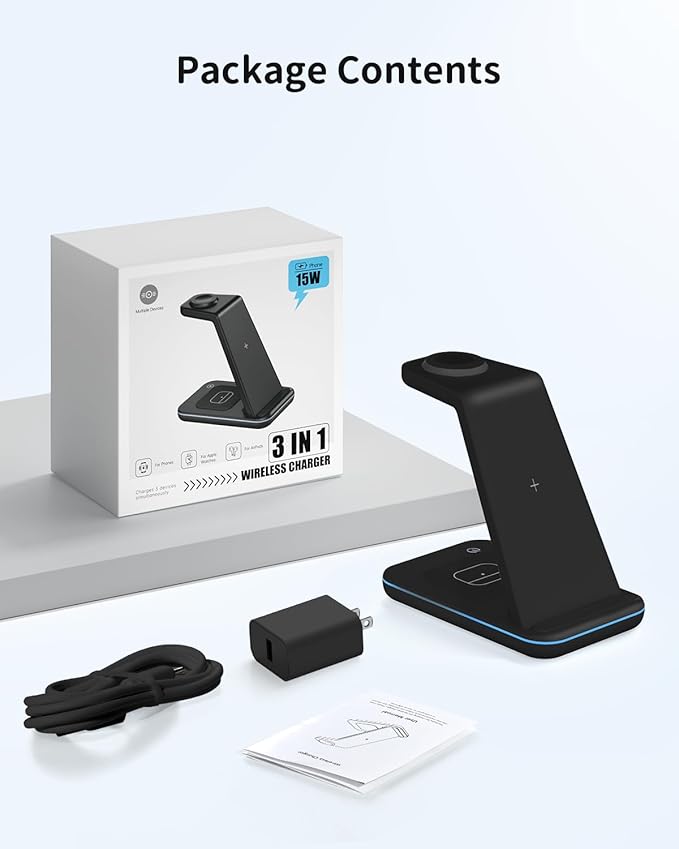 Wireless Charger for iPhone Charging Station: 3 in 1 Phone Charger Stand for iPhone 17/16/15/14/13/12/11/SE/X Pro Max Plus - Apple Watch 11/10/9/Ultra 2/8/SE/7/6/5 - AirPods 4/Pro 2/3