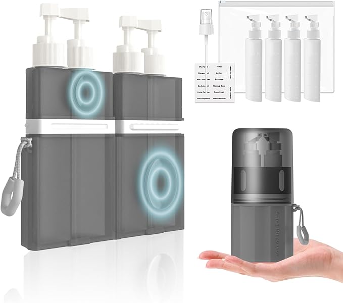 4 in 1 Travel Dispenser Bottle, TSA Approved Refillable Shampoo and Conditioner Bottles Set with Suction Cup for Smooth Walls, Travel Size Toiletries Container for Body Wash/Lotion.(Grey)