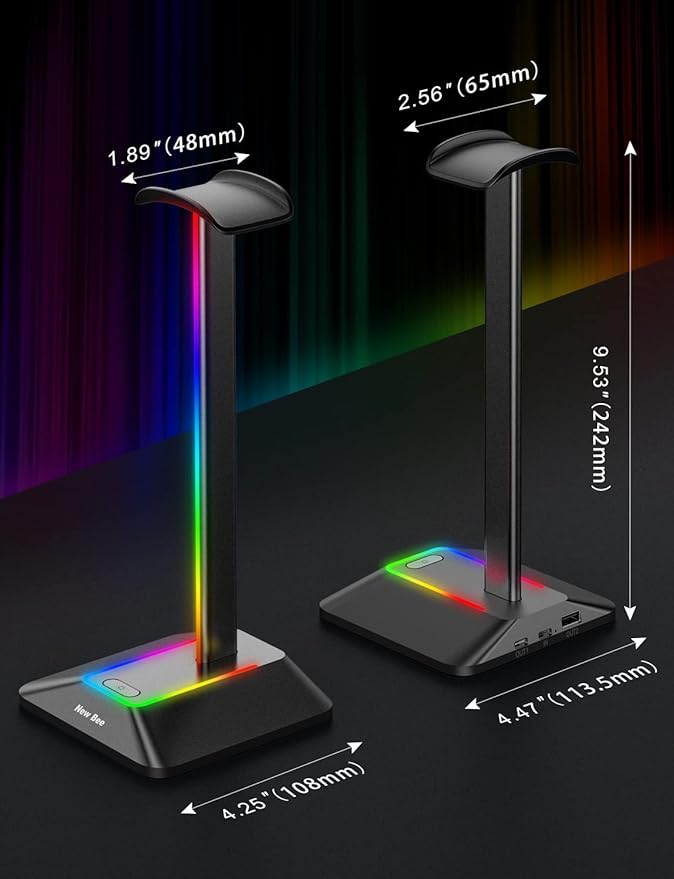 New bee RGB Headphone Stand with 1 USB-C Charging Port and 1 USB Charging Port, Desk Gaming Headset Stand with 7 Light Modes for All Earphone Accessories (Black)