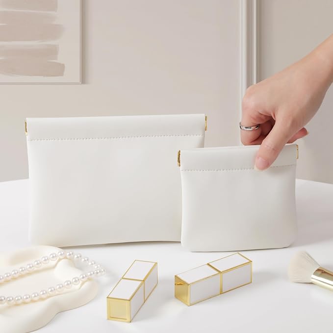 2 Pack Small Makeup Bag for Women, New Organosilicon Super Fiber PU Leather Mini Cosmetic Bag for Travel, Coin Purse Organizer Storage Pouch (Cream)