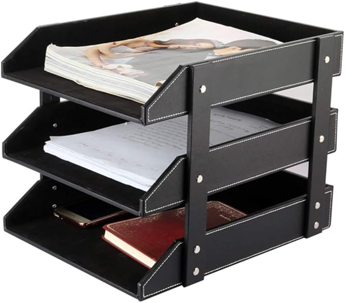 Leather Desk File Organizer, 3-Layer Stackable Tray, Used to Store documents, folders, Stationery, Magazines, Newspapers, Letters, and Other Home Office Sundries Desktop Organization Holder(Black)…