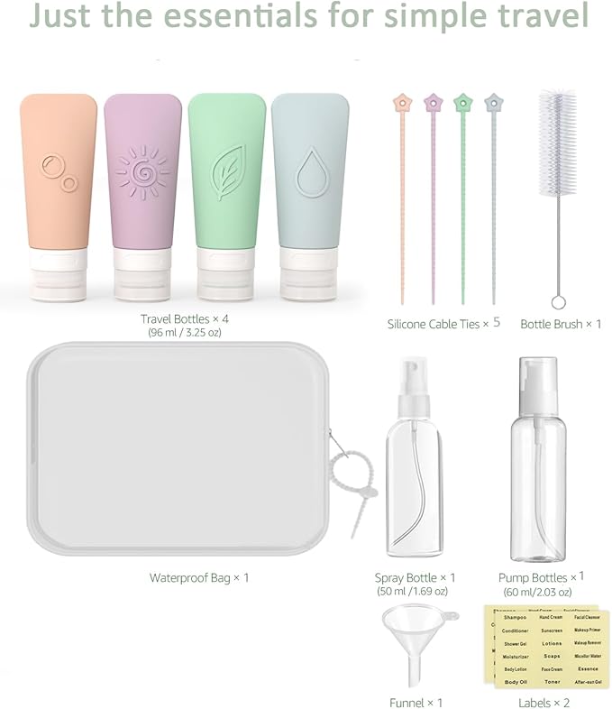 16-Piece Silicone Travel Bottles Set – TSA Approved Leakproof Toiletry Kit with Flat Easy-Squeeze Bottles, Pump & Spray, Waterproof Bag