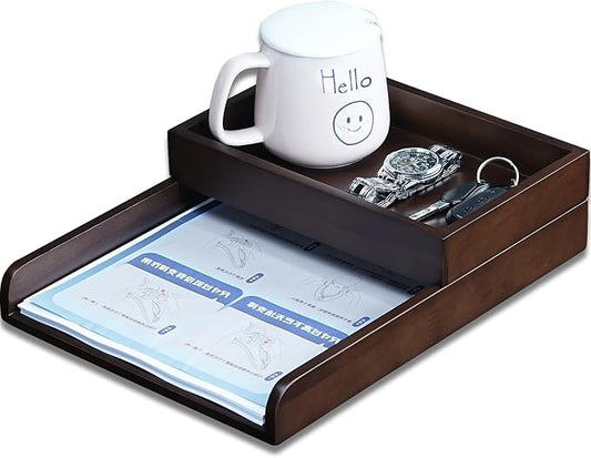 Wooden Desktop File Organizer, 2-Tier Detachable Solid Wood Paper Tray for A4 Paper Documents Letter Bill Notebook Stationery, Multi Modular Desk Storage Tray for Home Office Cubicle School