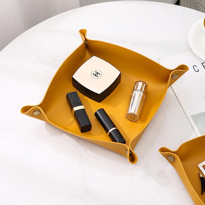 Valet Tray, Leather Tray, Small Catchall Tray, Foldable Jewelry Travel Organizer, Suitable for Travel, Storage, Nightstand, Home or Office (Yellow-S)
