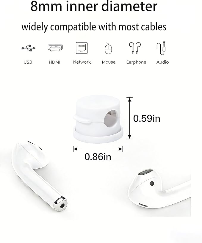 6PC 360° Rotatable Spring Cable Management, Cord Organizer Holder for Desk, Strong Adhesive Cable Clips Desk Accessories, Adjustable Wire Keeper for Nightstand, Home, Office, RV (White)