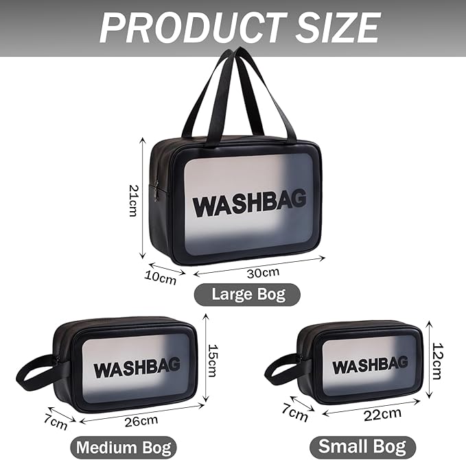 BIRDDIE Clear Travel Bags for Toiletries, 3 Pack Toiletry Bag, Matte Translucent Makeup Bag with Handy Handle, Travel Pouch, Cosmetic Organizer for Travel Essentials (Black)