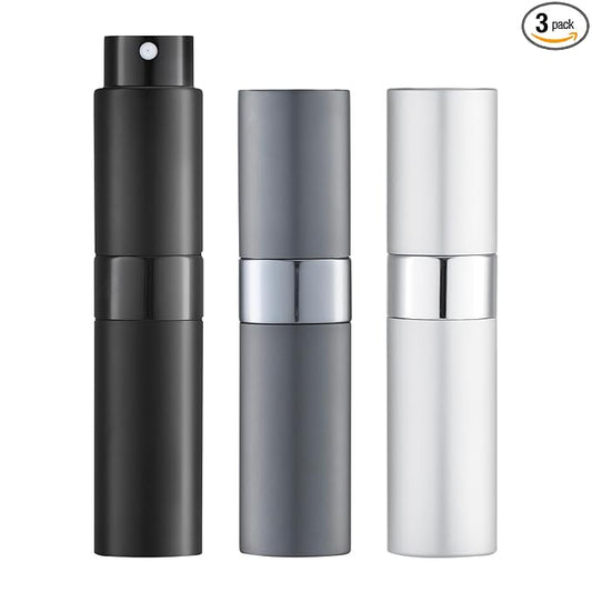 LISAPACK 8ML Atomizer Perfume Spray Bottle for Travel (3 PCS) Empty Cologne Dispenser, Portable Sprayer (Black, Silver, Grey)