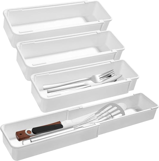Drawer Organizers Set | 4-Pack Expandable Drawer Dividers for Bedroom, Bathroom, Kitchen & Office | Plastic Drawer Trays with Adjustable Length (White)