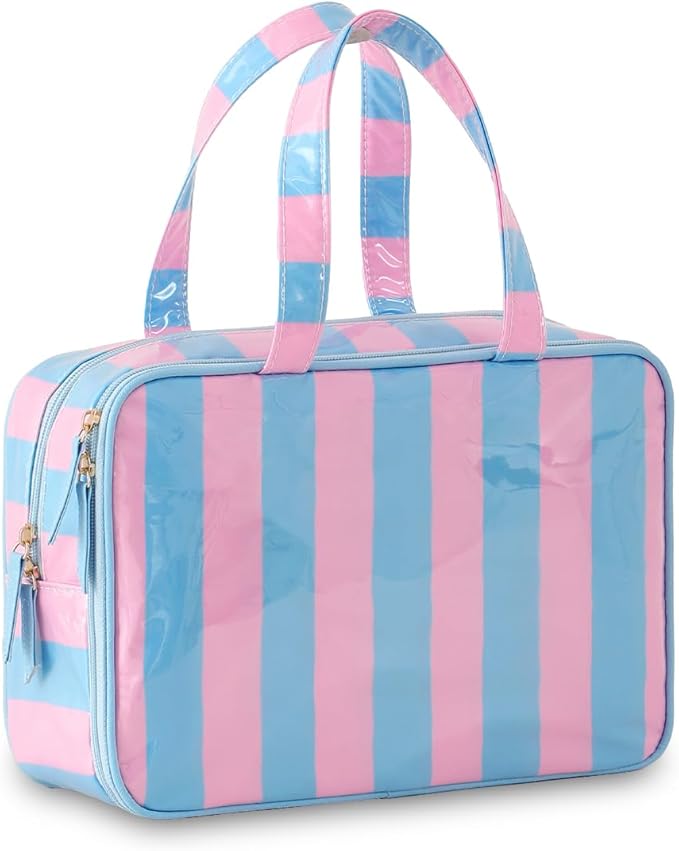 Travel Toiletry Bag for Women, Waterproof Clear Coated Portable Stripe Makeup Cosmetic Bag with Compartment, Travel Organizer for Shampoo, Conditioner, Brushes Set,Cosmetic Accessories(Pink-Blue)