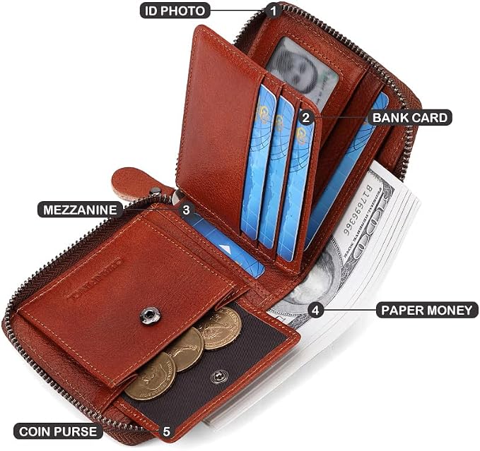 Mens Genuine Leather Zipper Wallet RFID Secure Large Capacity Double Fold Multi-card Leather Wallets for Men and coin purse