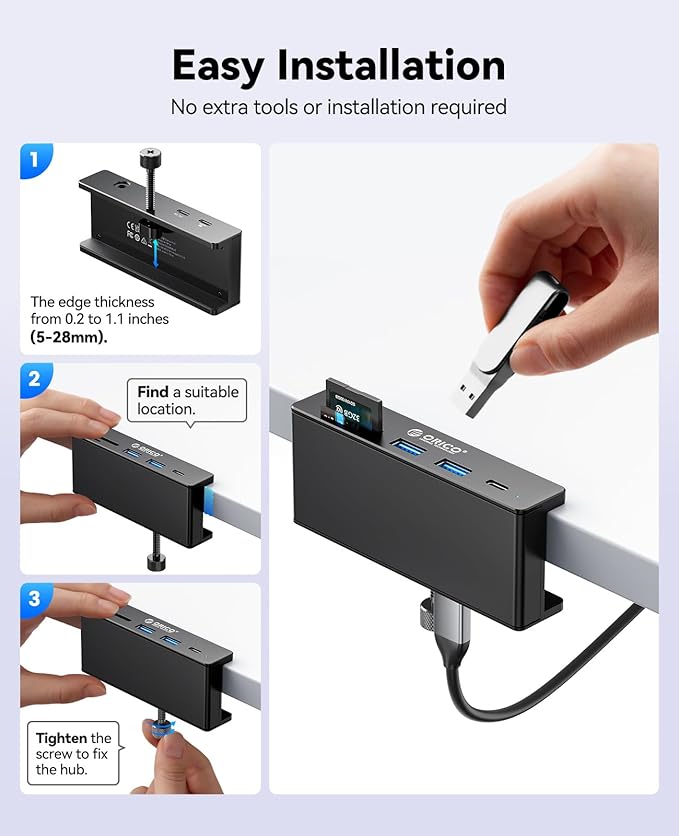 ORICO USB Hub 3.2, USB-Hub Clamp with Type-C PD 60W Port, 10Gbps Aluminum 6-Port USB Extender with 2 USB-A 3.2 Ports, USB-C 3.2, SD/TF Card Reader 3.0, AUX, USB-3.2 Splitter for Monitor, Desk