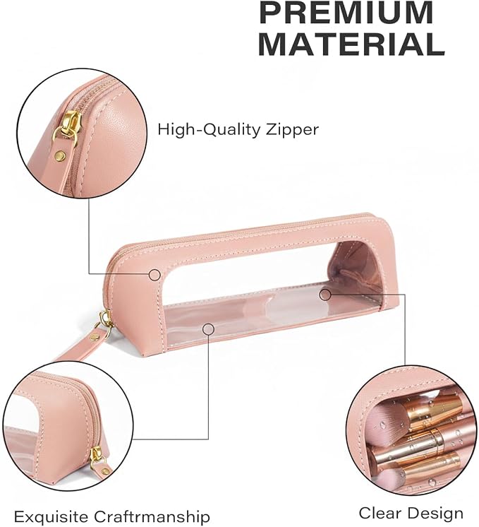LETGO 2Pack Clear Makeup Bags Set,Clear Travel Makeup Brush Holder,Portable Leather Pencil Case Holder Travel Toiletry Bag for Women (Chic Pink)