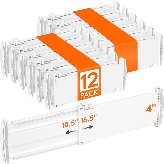 Lifewit 4" Tall 12 Pack Drawer Dividers, 27-42cm/10.5-16.5" Expandable Drawer Divider for Clothes, Adjustable Dresser Drawer Organizers, Drawers Separators for Dresser/Bathroom/Closet/Kitchen White