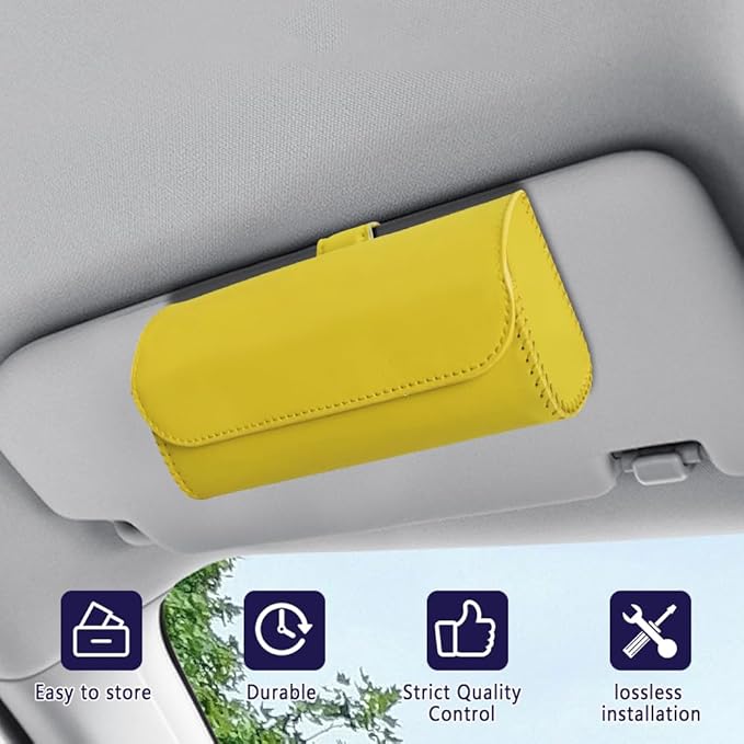 Sunglasses Holder for Car Sun Visor, Sunglass Organizer for Car, Magnetic Leather Eyeglasses Protective Storage Case, Waterproof Glasses Organizer Visor Accessories for Vehicles (Yellow)