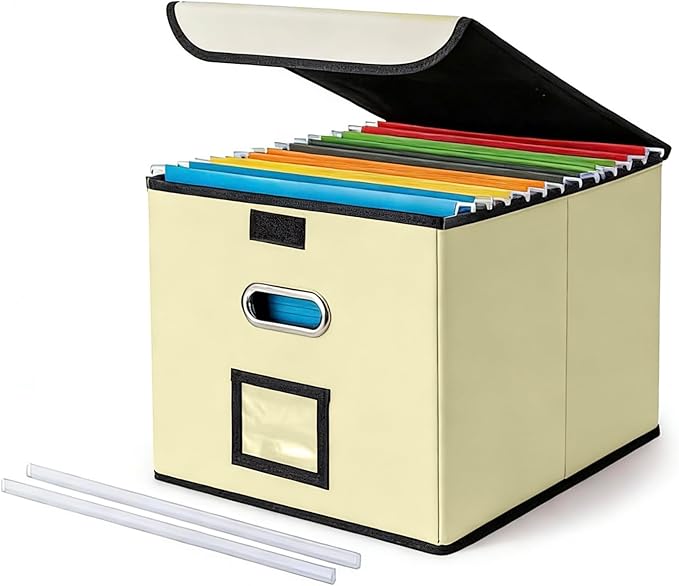 CADONO File Organizer Box with Lid, Large Hanging File Folder Organizer with Plastic Slide, Collapsible Portable Filing Storage Boxes for Office/Decor/Home (Beige, 14.9 x 12.59 x 10.8 inch)