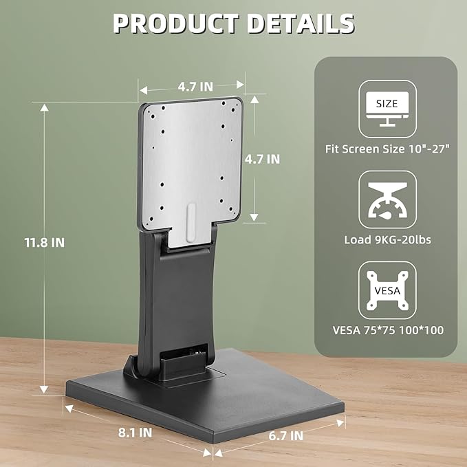 Adjustable Foldable Single Monitor Mount, Low Profile VESA Monitor Desk Mount 75x75mm & 100x100mm, Fits 10-27 Inch LCD Touch Screens