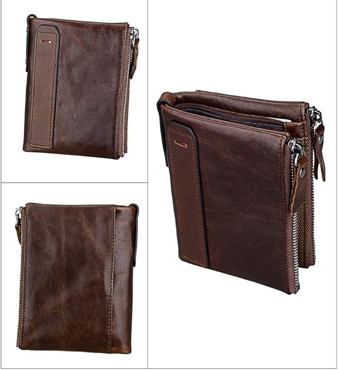 Men's Folding Double Zip Wallet RFID Blocks Retro Short Coin Purse