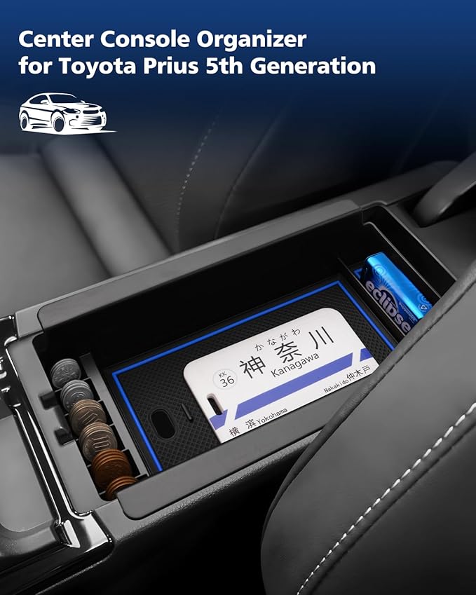 FIILINES Center Console Organizer for 2023-2025 Toyota Prius, Center Console Tray Secondary Armrest Storage Box ABS Insert Container with Anti-Slip Mats