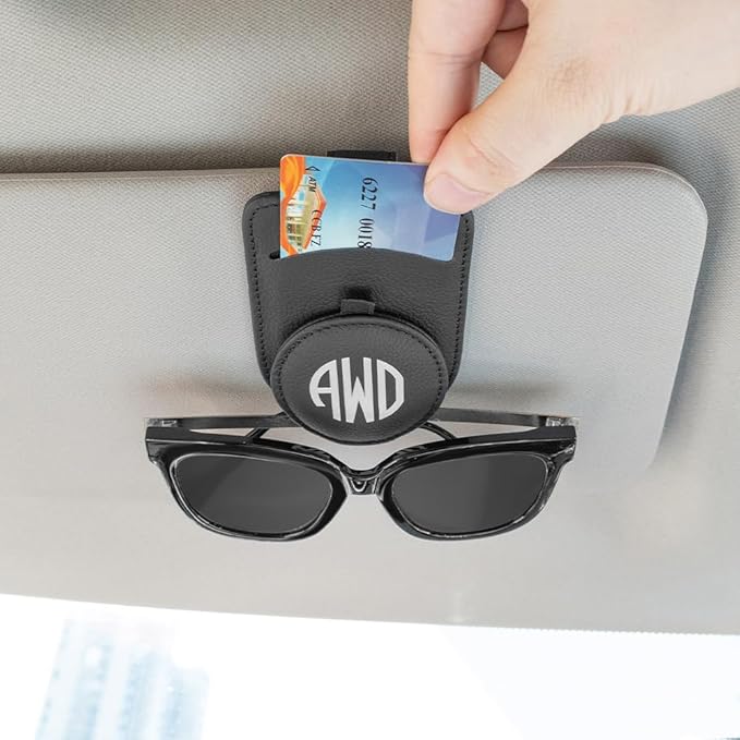 Customizable Sunglasses Visor Clip with Card Holder - Vegan Leather Magnetic Car Accessory, Universal Sun Visor Organizer for Men and Women Drivers