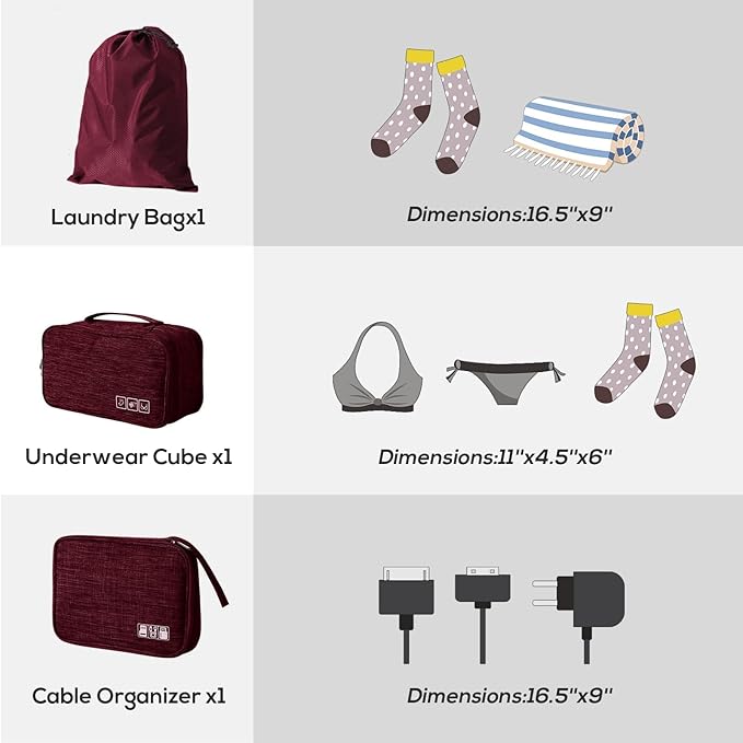 Compression Packing Cubes, 7 Set Packing Cubes for Travel Compression, Lightweight Compressible Package Organizer for Carry On and Suitcases, Wine