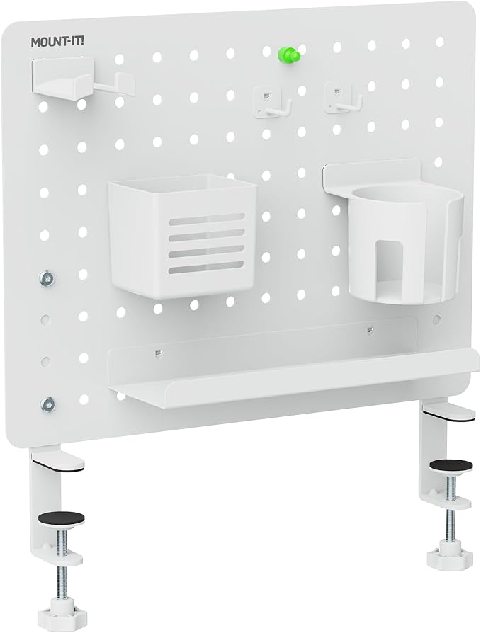 Mount-It! Clamp-On Pegboard Organizer | Adaptable Desk Storage for Home Office, Gaming & Crafting | Easily Organize Essentials with Shelf, Cup Holder & Hooks (White)