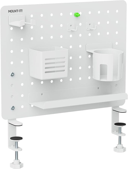 Mount-It! Clamp-On Pegboard Organizer | Adaptable Desk Storage for Home Office, Gaming & Crafting | Easily Organize Essentials with Shelf, Cup Holder & Hooks (White)
