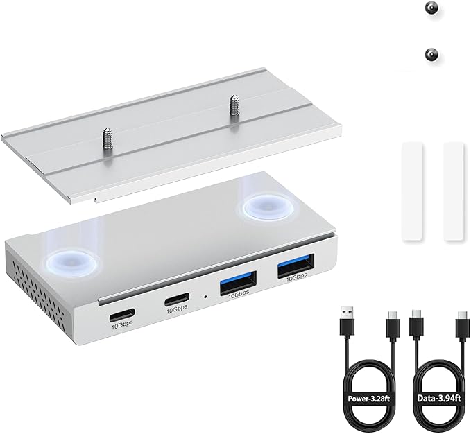 EJAY 10Gbps Magnetic USB-C Hub, 4-Port USB 3.2 Gen2 Aluminum Splitter, Desk Mounted with Extra Long 47" Cable, Anti-Slip Under Desk Hub for MacBook, Surface, Dell, Silver