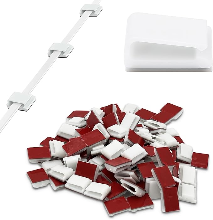 White Adhesive Ethernet Cable Clips – Flat & Round Cord Holders for Wall, Desk, Car, and Light Cable Organization (100-Pack)