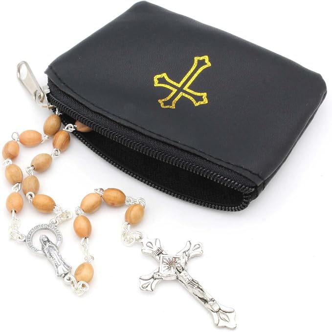 Black Rosary Pouch with Zipper & Gold St. Thomas Cross Imprint | Compact Leatherette Rosary Case for Small to Medium Rosaries | Protective Travel Rosary Holder for Men & Women