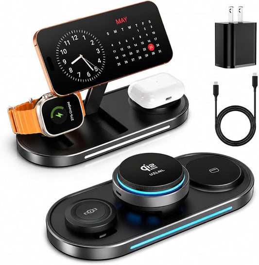 25W Foldable 3 in 1 Charging Station for Apple,Magsafe Charger Qi2.2 Certified Magnetic Wireless Charger Station for iPhone 17 16 15 14 Pro Max,Apple Watch,Airpods,Black (Adapter Included)