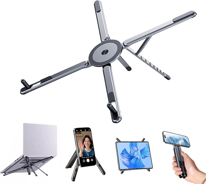 Portable Laptop Stand for Desk, Foldable Adjustable Computer Riser with Magnetic Phone Holder, Aluminum Laptop Stand Tablet Stand Mobile Phone Holder (Navy Blue)