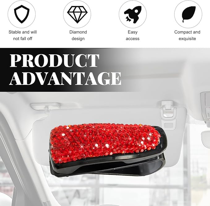 Wevdn 2 PCS Car Sun Visor Glasses Holder, Fashion Bling Car Eyeglasses Sunglasses Hanger for Women Girls, Glasses Holder Clip Hanger Mount with Ticket Card Clip, Car Accessories (Red)