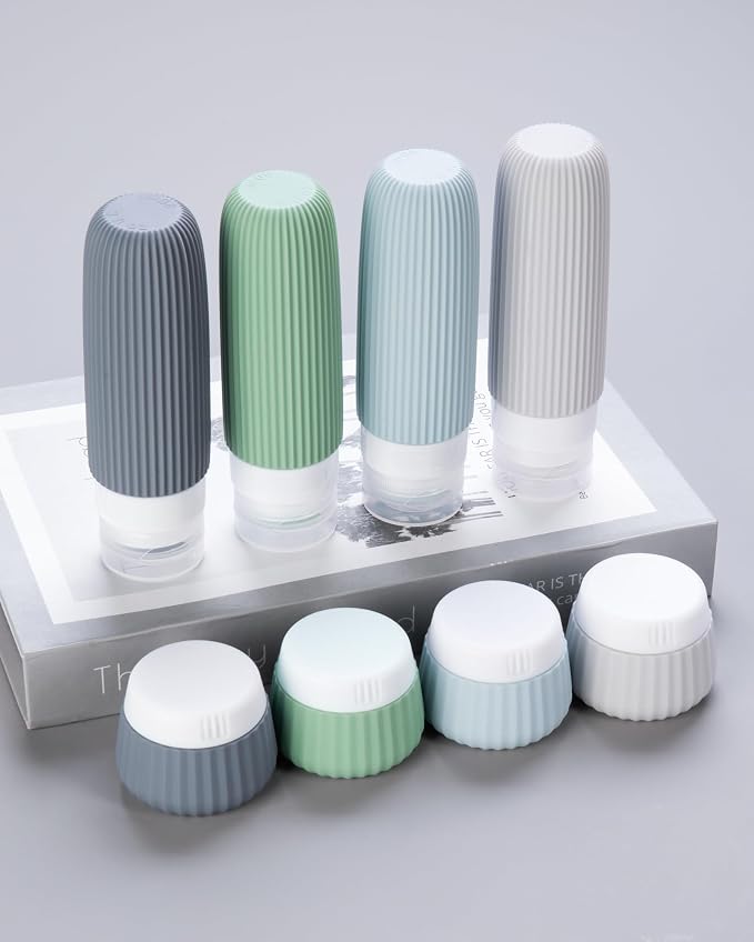 Mrsdry Travel Bottles for Toiletries 8 Pack, Tsa Approved Travel Size Toiletries 3 oz, Travel Containers for Toiletries, with Clear Bag, Leak Proof Silicone Squeezable Travel Essentials Creams Jars