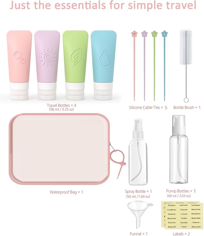 16-Piece Silicone Travel Bottles Set – TSA Approved Leakproof Toiletry Kit with Flat Easy-Squeeze Bottles, Pump & Spray, Waterproof Bag