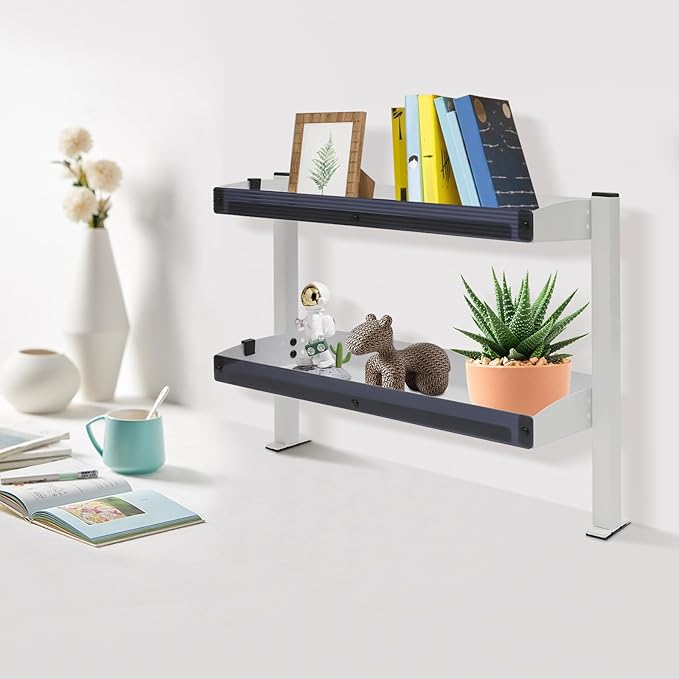 Clamp On Desk Shelf 2-Tier Shelving Unit for Office Desk Gaming Accessories,Tabletop Book Storage Rack for Top & Under of Desk (White)