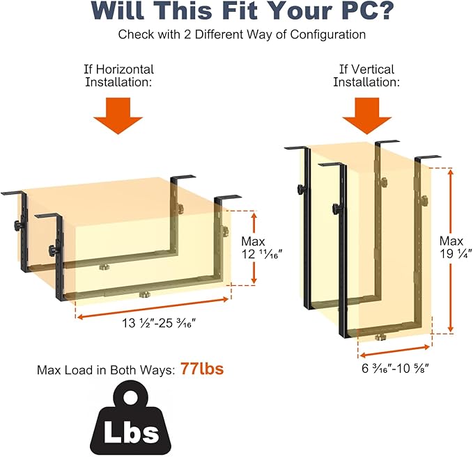 PUTORSEN Under Desk PC Mount for Mid/Mini-Tower Cases - Vertical/Horizontal CPU Holder up to 77 lbs, Space-Saving Computer Rack for ATX/Micro-ATX/Mini-ITX (Black)